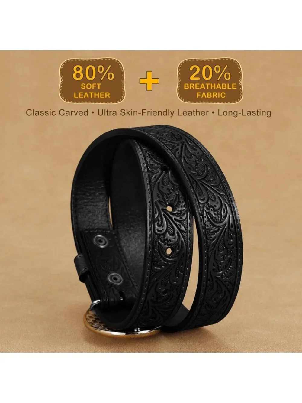 Kids Western Cowboy Belt - Genuine Leather, Embossed, Removable Buckle, Perfect